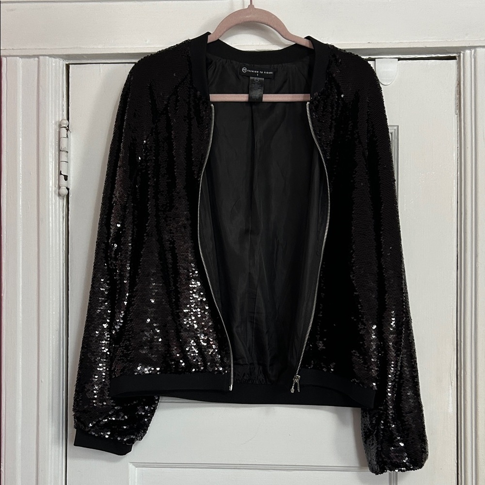 Plus Size Black Sequin Bomber Jacket